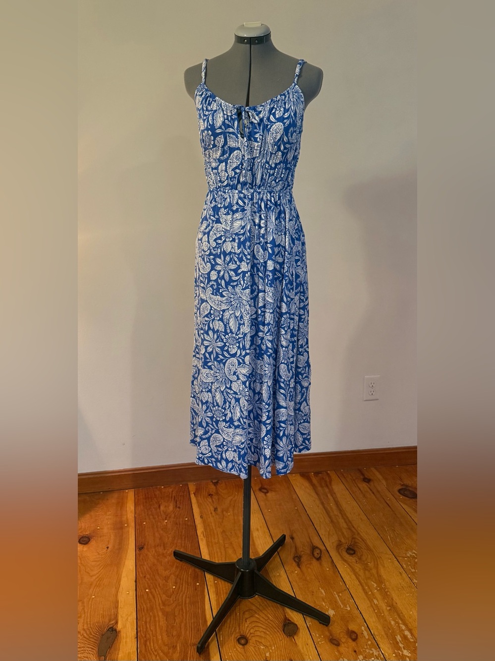 LOFT Blue & White Paisley-Print Spaghetti-Strap Midi Summer Dress